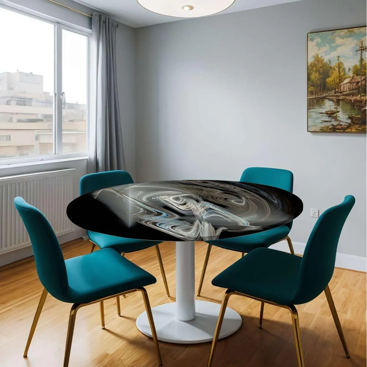 Black Waves Tablecloth -Fitted with Elastic Marble Pattern Abstract Elastic Edge Waterproof Table Cover Table Cloth for Round Table Fit for 40"-43" Diameter Table Acrylic Texture