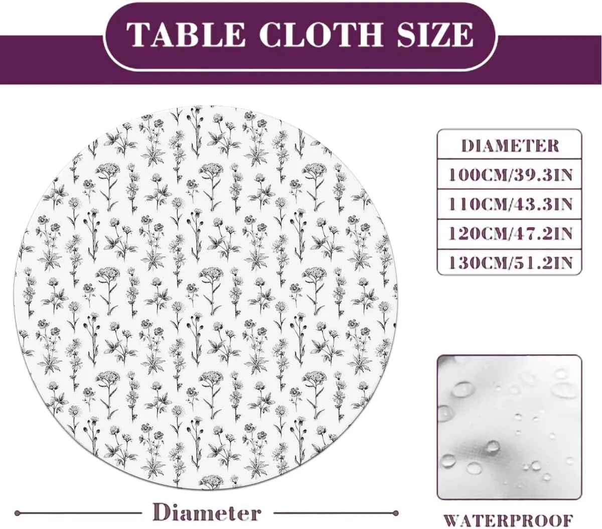 Black White Fitted Tablecloth for Round Table Flowers Summer Garden Elastic Edged Table Cover, Round Tables Tablecloth Table Cloth Fit for 40"-43" Diameter Table Nature Decor