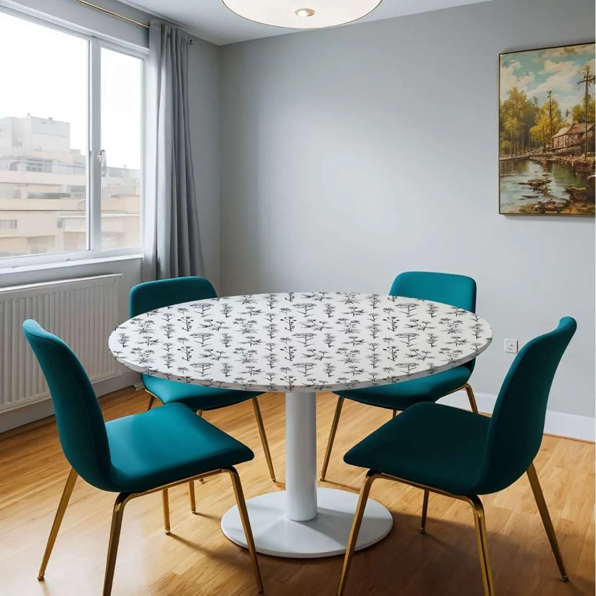 Black White Fitted Tablecloth for Round Table Flowers Summer Garden Elastic Edged Table Cover, Round Tables Tablecloth Table Cloth Fit for 40"-43" Diameter Table Nature Decor