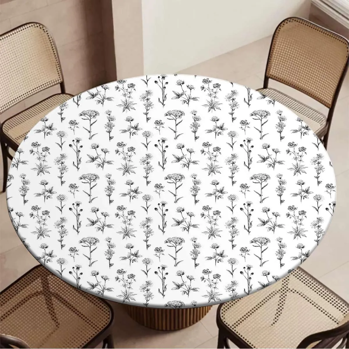 Black White Fitted Tablecloth for Round Table Flowers Summer Garden Elastic Edged Table Cover, Round Tables Tablecloth Table Cloth Fit for 40"-43" Diameter Table Nature Decor