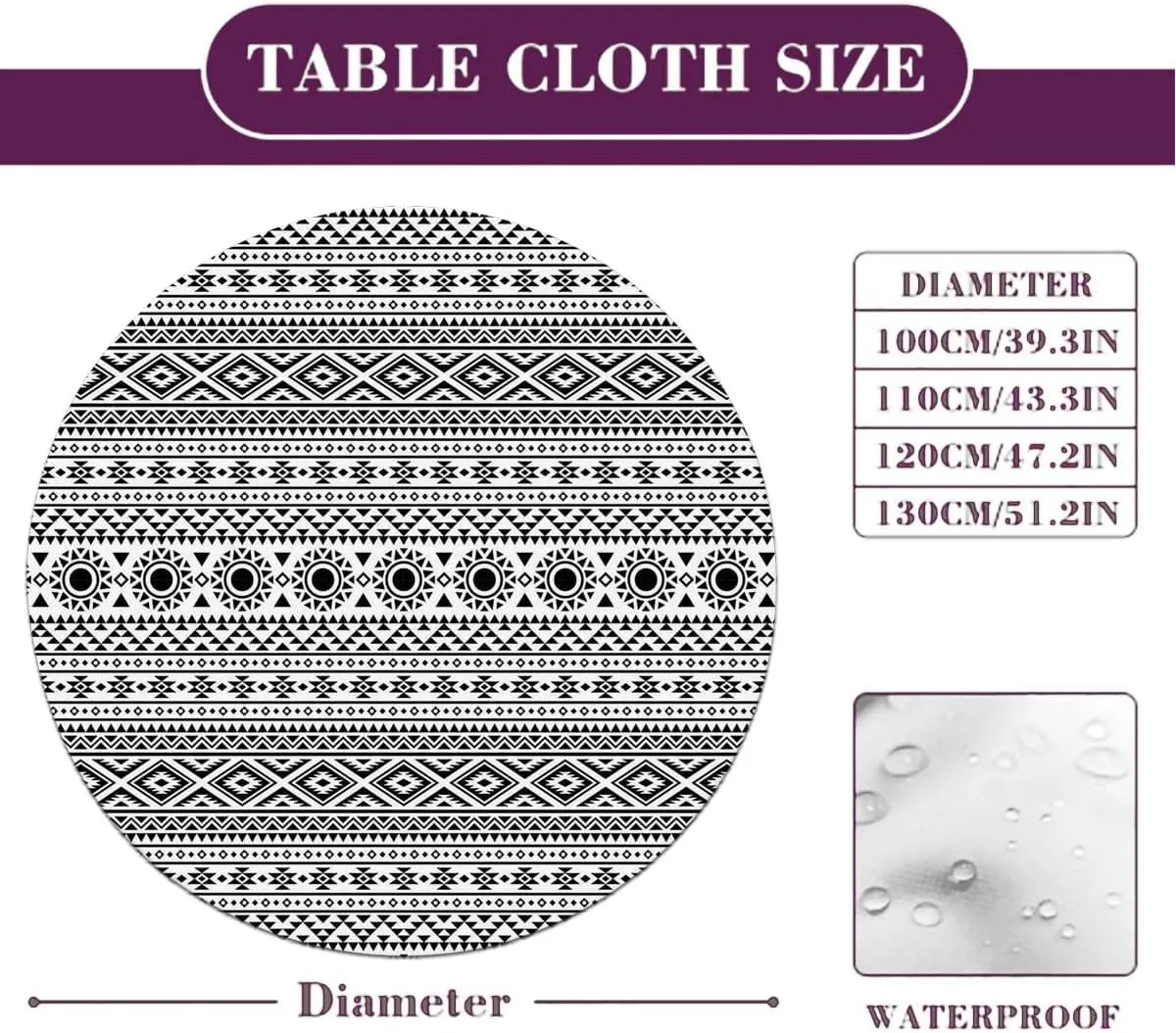 Black White Round Tablecloth with Elastic Edge Old Bohemian Print Abstract Geometric Soft-Touch Fitted Table Cloth, Waterproof Oil-Proof Table Cover Striped Fit for 40"-43" Table