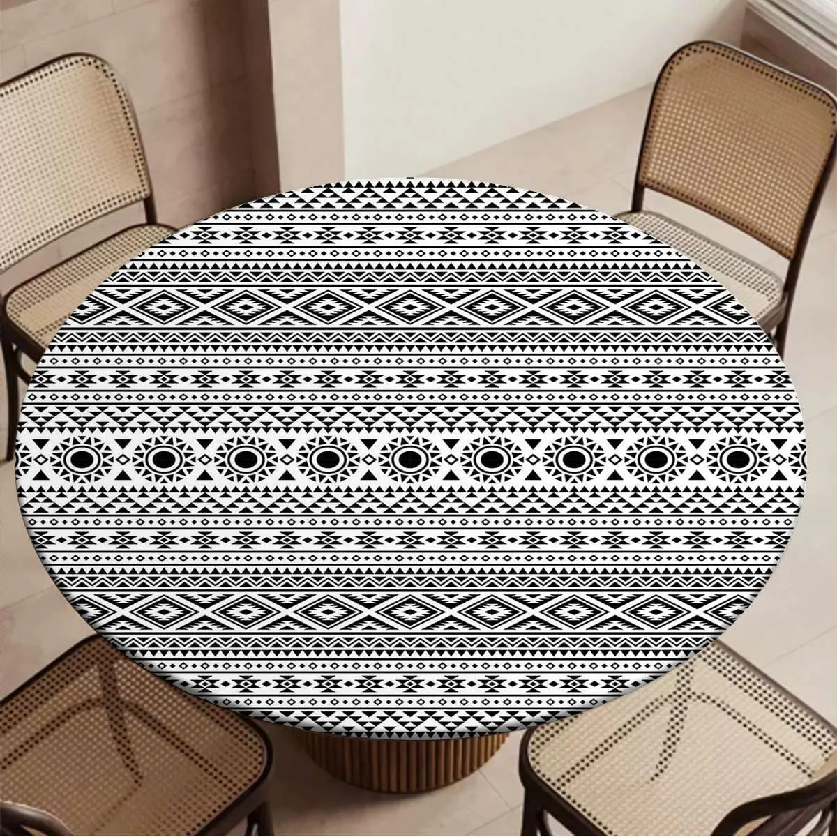 Black White Round Tablecloth with Elastic Edge Old Bohemian Print Abstract Geometric Soft-Touch Fitted Table Cloth, Waterproof Oil-Proof Table Cover Striped Fit for 40"-43" Table