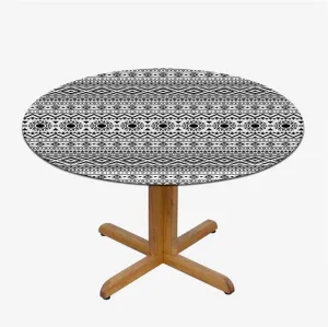 Black White Round Tablecloth with Elastic Edge Old Bohemian Print Abstract Geometric Soft-Touch Fitted Table Cloth, Waterproof Oil-Proof Table Cover Striped Fit for 40"-43" Table