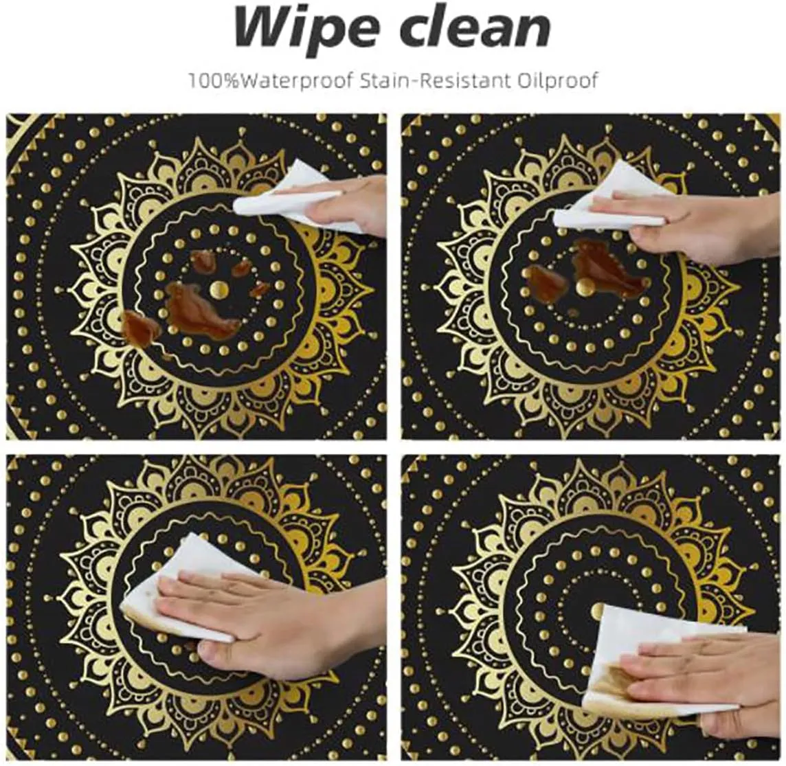 Black White Round Tablecloth with Elastic Edge Old Bohemian Print Abstract Geometric Soft-Touch Fitted Table Cloth, Waterproof Oil-Proof Table Cover Striped Fit for 40"-43" Table