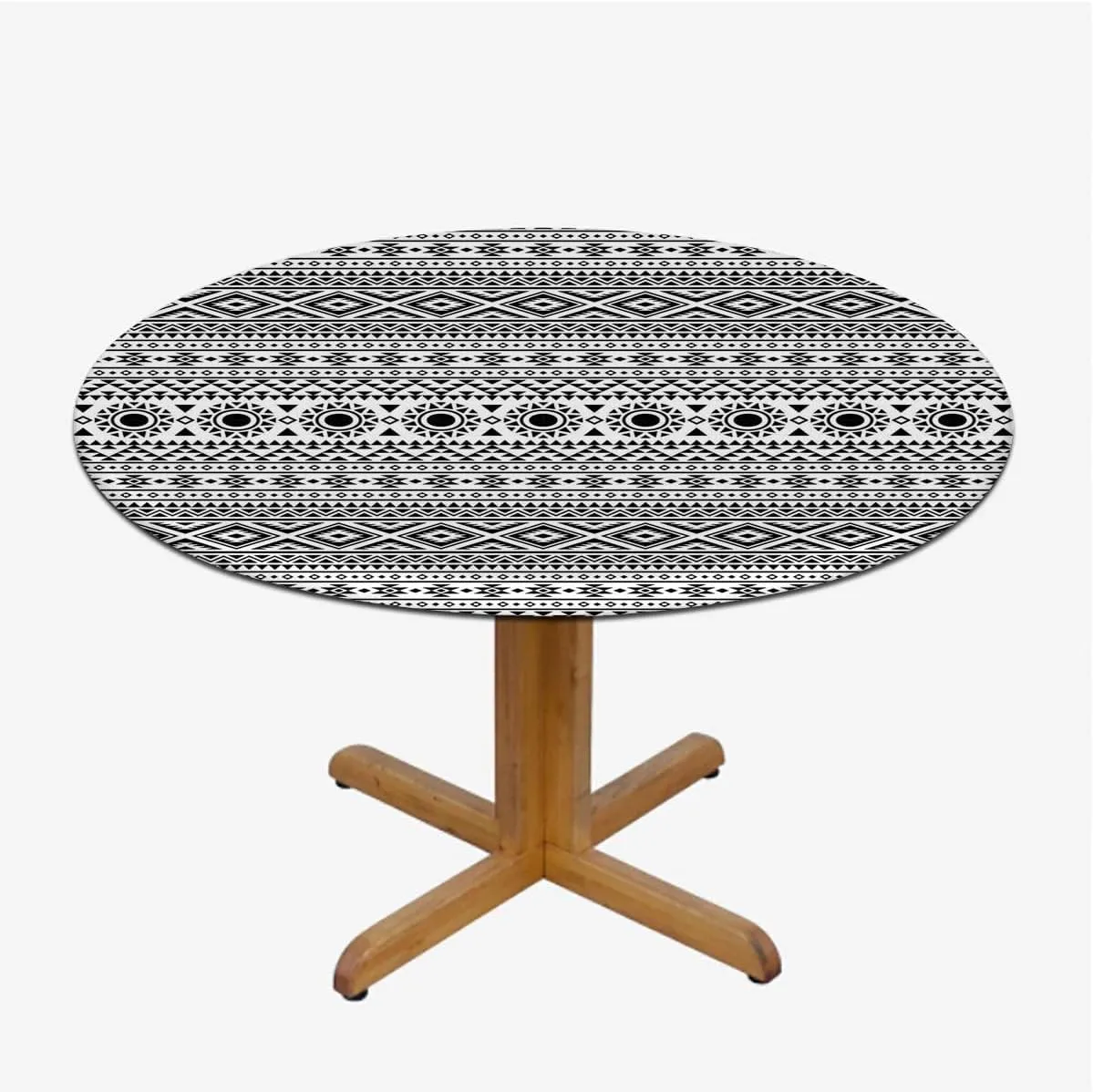 Black White Round Tablecloth with Elastic Edge Old Bohemian Print Abstract Geometric Soft-Touch Fitted Table Cloth, Waterproof Oil-Proof Table Cover Striped Fit for 40"-43" Table