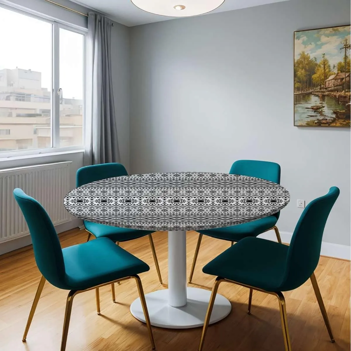 Black White Round Tablecloth with Elastic Edge Old Bohemian Print Abstract Geometric Soft-Touch Fitted Table Cloth, Waterproof Oil-Proof Table Cover Striped Fit for 40"-43" Table
