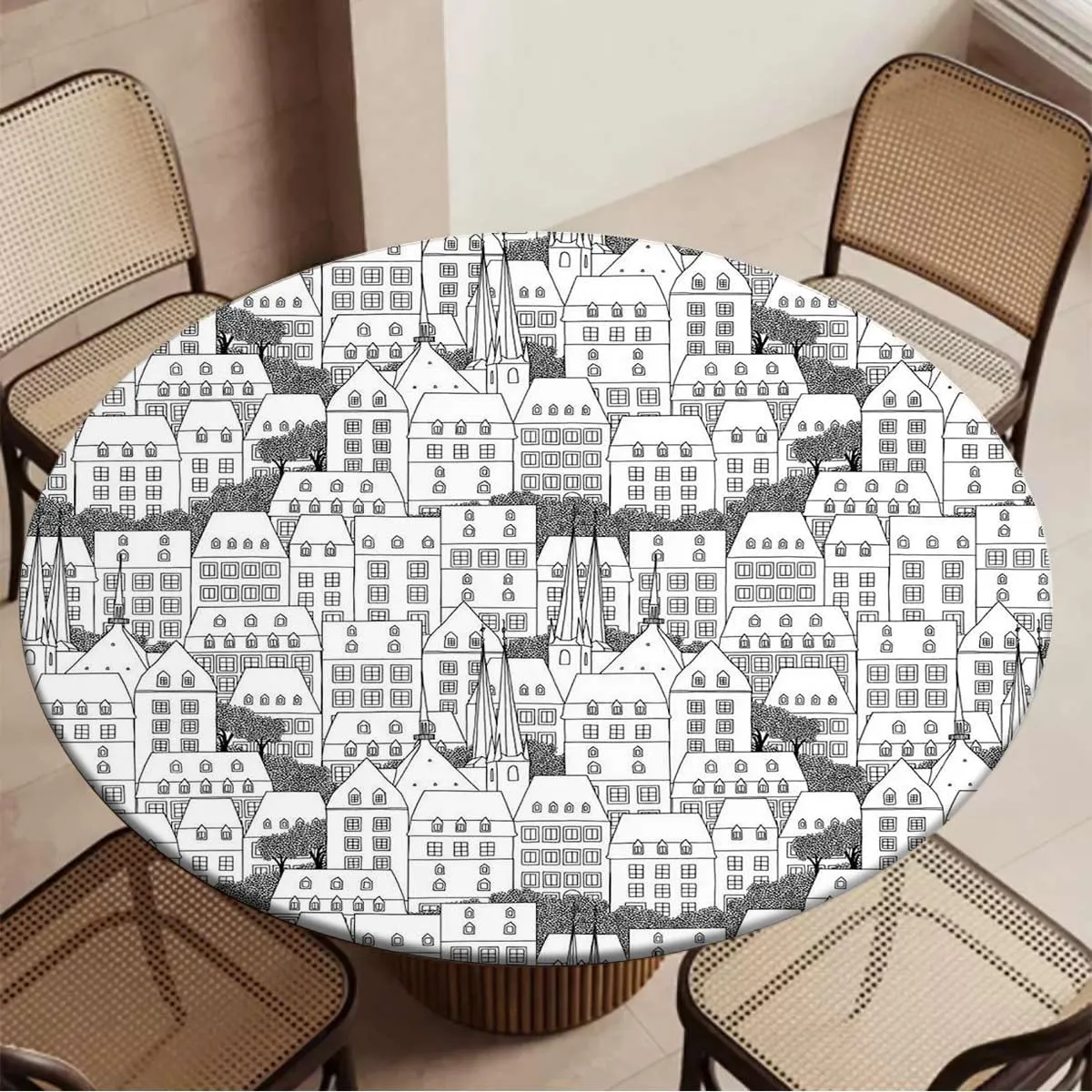 Black White Tablecloth -Fitted with Elastic Houses Buildings Busy Urban Life Sketch Table Cloth Round Elastic Edge Fitted Table Cover Apartment Fit for 40"-43" Table