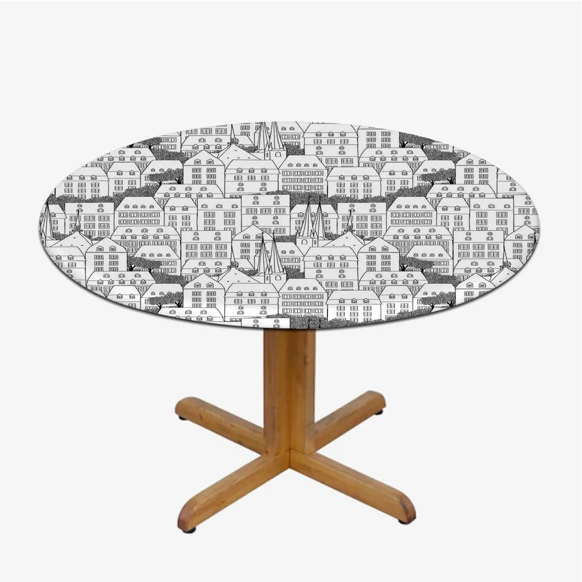 Black White Tablecloth -Fitted with Elastic Houses Buildings Busy Urban Life Sketch Table Cloth Round Elastic Edge Fitted Table Cover Apartment Fit for 40"-43" Table