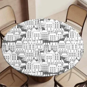 Black White Tablecloth -Fitted with Elastic Houses Buildings Busy Urban Life Sketch Table Cloth Round Elastic Edge Fitted Table Cover Apartment Fit for 40"-43" Table