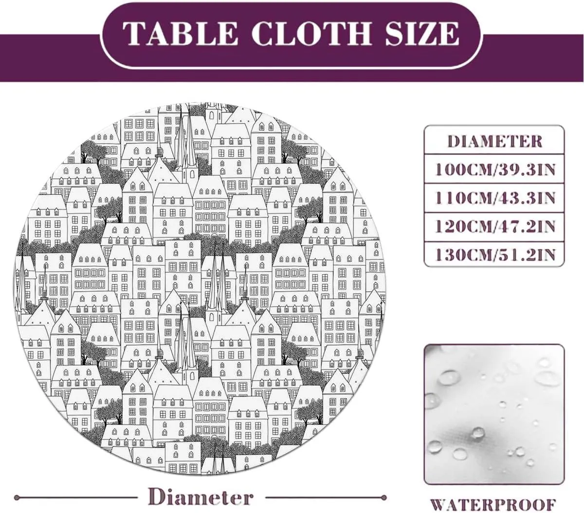 Black White Tablecloth -Fitted with Elastic Houses Buildings Busy Urban Life Sketch Table Cloth Round Elastic Edge Fitted Table Cover Apartment Fit for 40"-43" Table