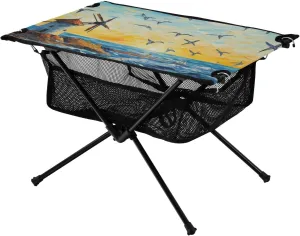 Bolaz Outdoor Folding Portable Picnic Camping Table-Oil Printing Seagulls and Lighthouses2,Storage Mesh for Camping Gear Accessories, Hiking, Mountaineering, Outdoor Travel