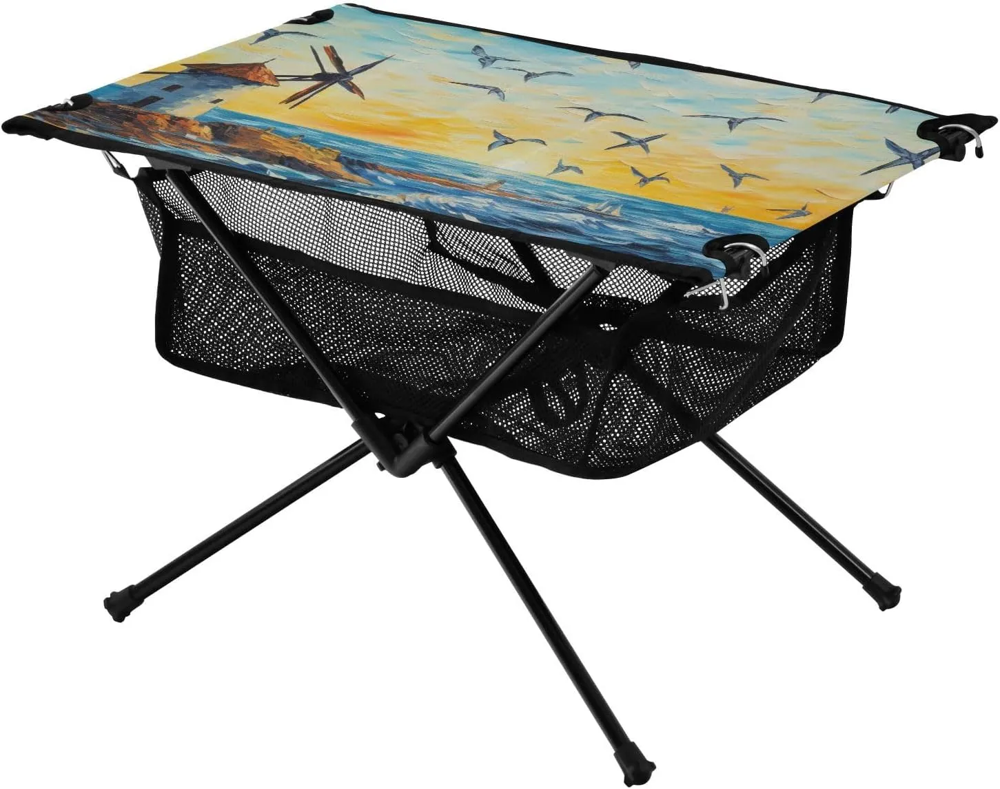 Bolaz Outdoor Folding Portable Picnic Camping Table-Oil Printing Seagulls and Lighthouses2,Storage Mesh for Camping Gear Accessories, Hiking, Mountaineering, Outdoor Travel
