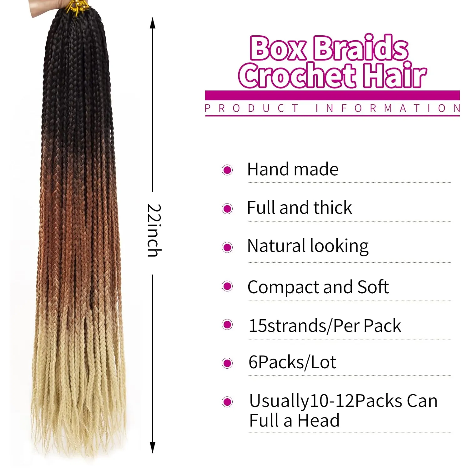 Box Braids Crochet Hair 6Packs Crochet Box Braids 22Inch Pre-looped Synthetic Crochet Braids for Black Women (1B/30/613, 22inch)