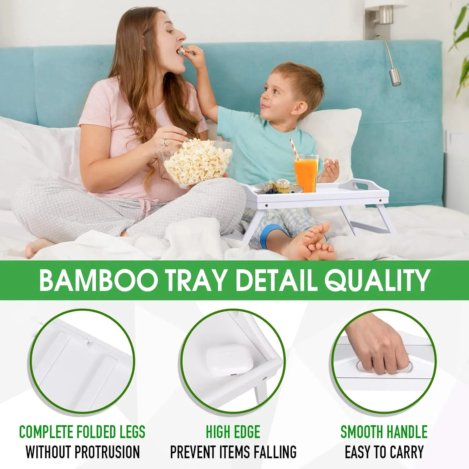 Breakfast Tray Folding Legs with Handles Kids Bed Tray Table for Sofa Eating,Drawing,Platters Bamboo Serving Lap Desk Snack Tray