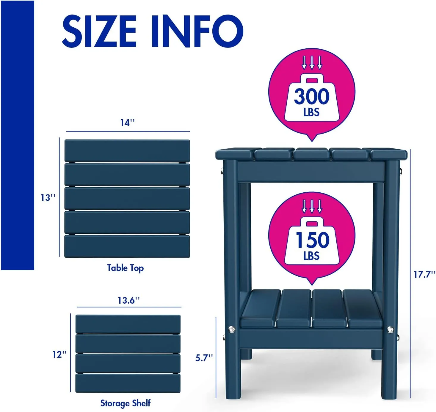 BRIOPAWS Adirondack Side Table, HDPE Weather Resistant Outdoor Table, 2-Shelf Plastic End Table for Poolside Indoor Outside Front Porch Living Room Patio Backyard Campfire, 14 x 13 inch, Blue