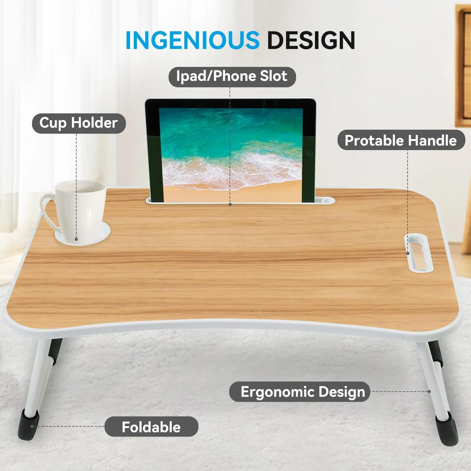 BUYIFY Folding Lap Desk, 23 Inch Portable Wood Yellow Laptop Bed Desk Lap Desk with Cup Holder, for Working Reading Writing, Eating, Watching Movies for Bed Sofa Couch Floor