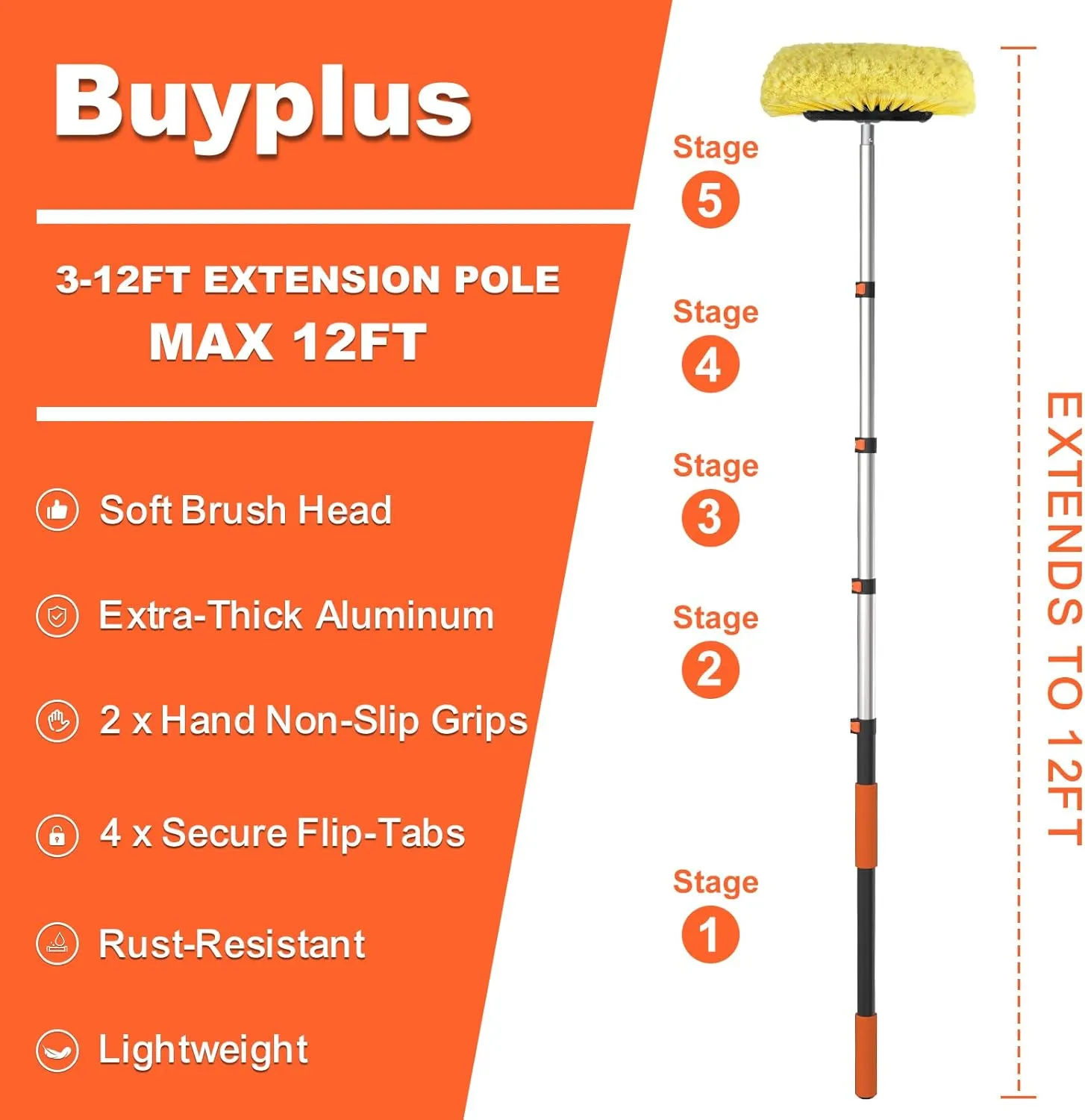 Buyplus 12FT Car Wash Brush with Long Handle, 12-Inch Soft Bristle, with Aluminium Telescoping Pole, for Cleaning Car, SUV, RV, Boats, House Siding, Floors, Solar Panels, and More