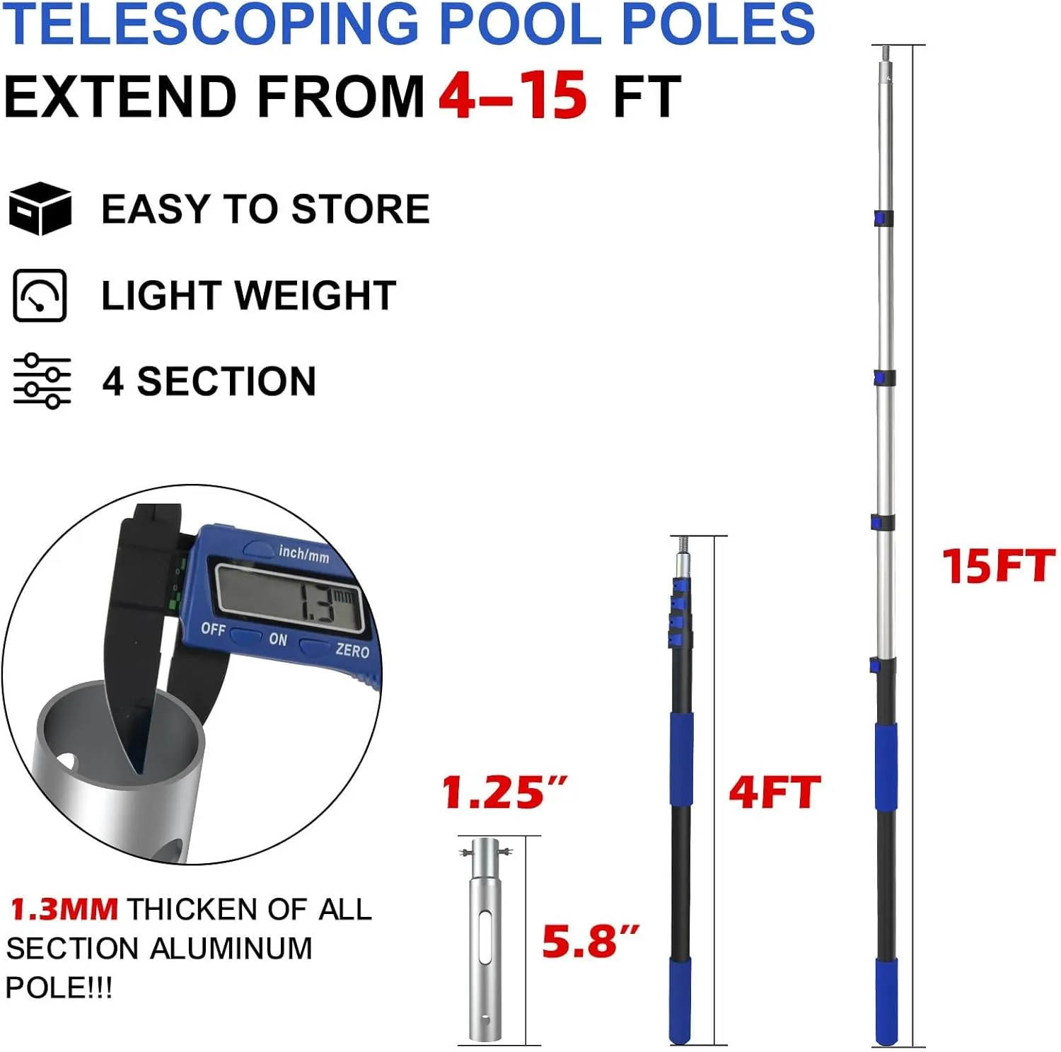 Buyplus Pool Pole - 15FT Telescopic Extendable Swimming Pool Pole with 4-15FT Aluminium Heavy Duty Extension Pole for Skimmer Nets, Rakes, Brushes and Vacuum Heads