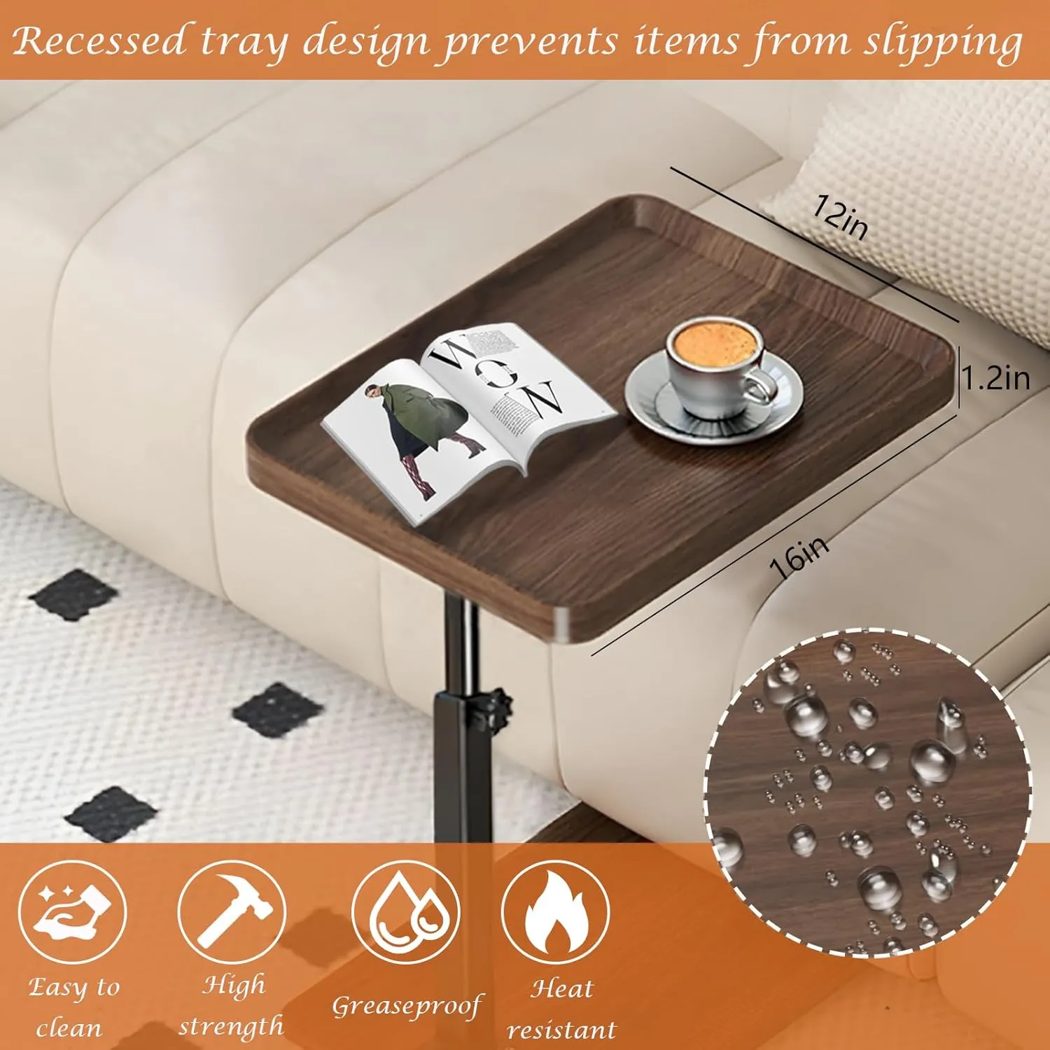 C Table End Table Adjustable Height, 360°Swivel TV Tray Table for Small Spaces, Couch Tables That Slide Under, C Shaped Side Tables with Wheels for Living Room and Bedroom, Bed