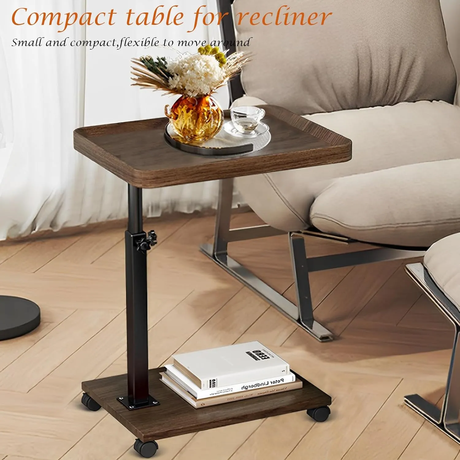 C Table End Table Adjustable Height, 360°Swivel TV Tray Table for Small Spaces, Couch Tables That Slide Under, C Shaped Side Tables with Wheels for Living Room and Bedroom, Bed