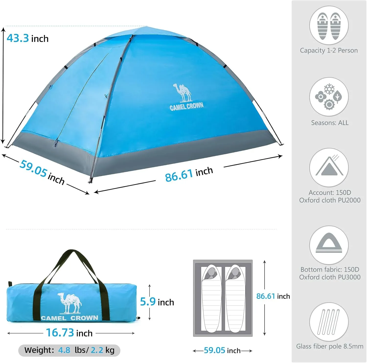 CAMEL CROWN 2/3/4 Person Camping Tent with Removable Rain Fly, Easy Setup Outdoor Tents Water Resistant Lightweight Portable for Family Backpacking Camping Hiking Traveling