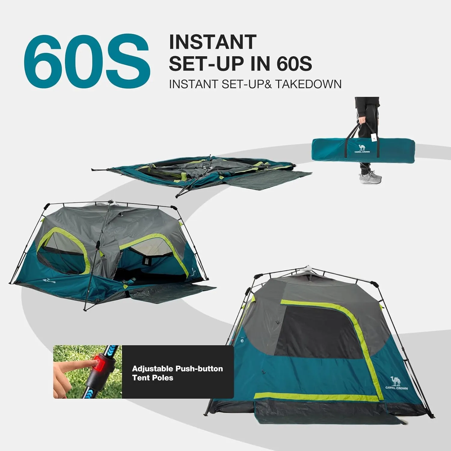 CAMEL CROWN Instant Tents for Camping 4-6 Person Tent Waterproof Easy Setup Sets Up in 60 Seconds Backpacking Tents with Carry Bag for Outdoor Hiking