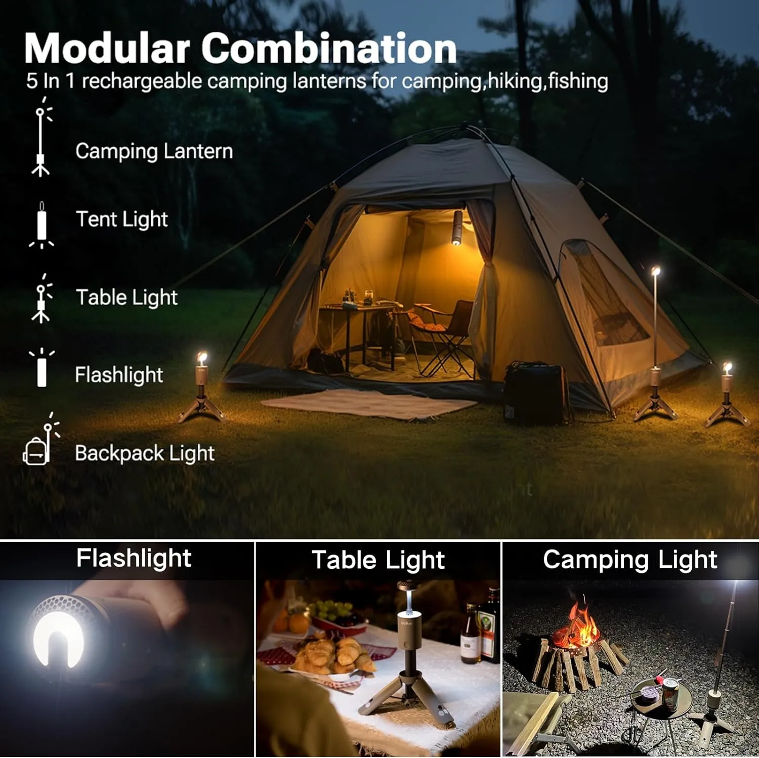 Camping Light Telescopic, Collapsible Magnetic Camping Lantern with 12000mAh Battery, Telescoping IPX6/IPX7 Waterproof Flashlights, Camping Lamp for Emergency, Camping, Hiking (Military Green)