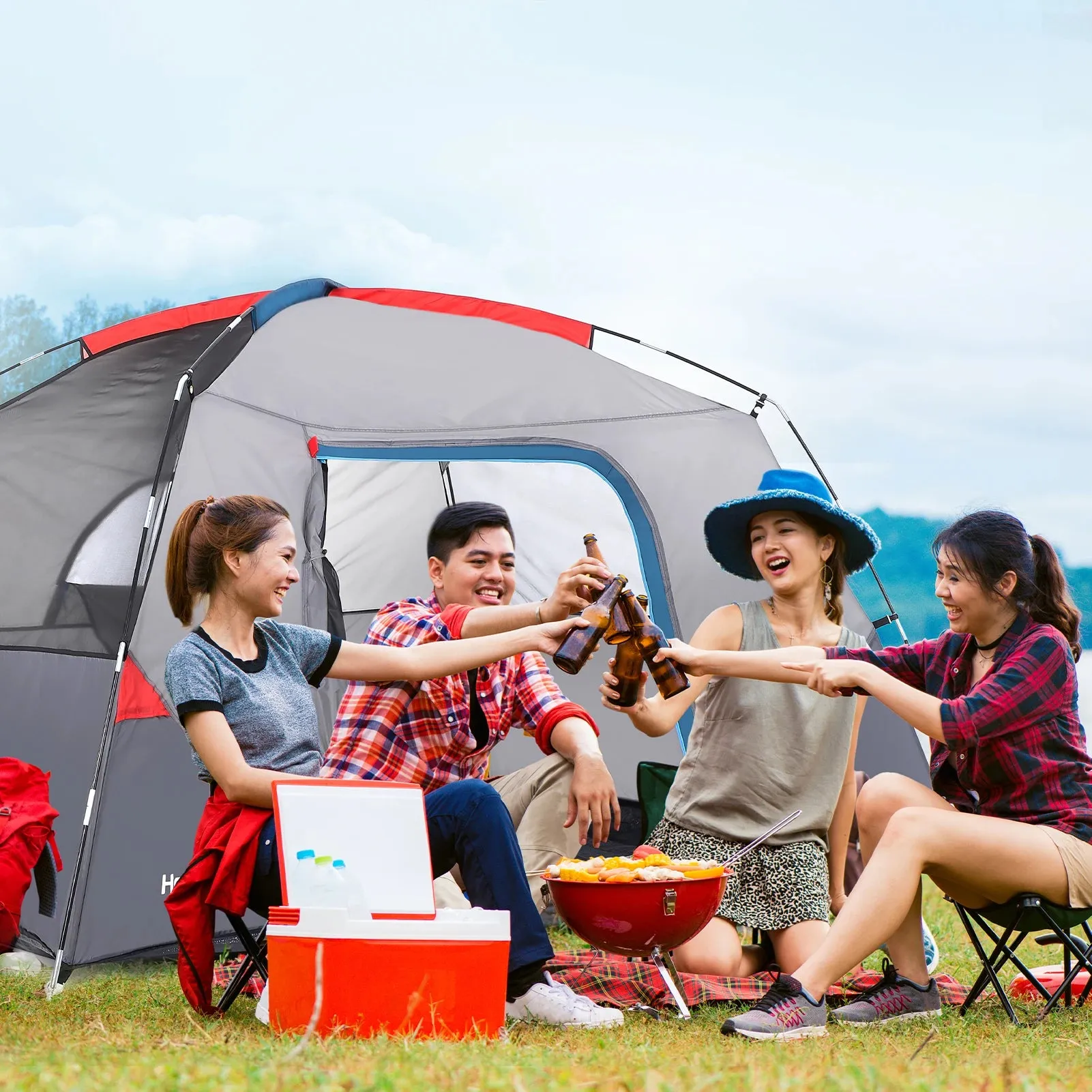 Camping Tent for 4 Person Outdoor Hiking, Light Blue Tent for Camping, Easy Set Up Camping Tent Backpacking Traveling 2.8ft (L)