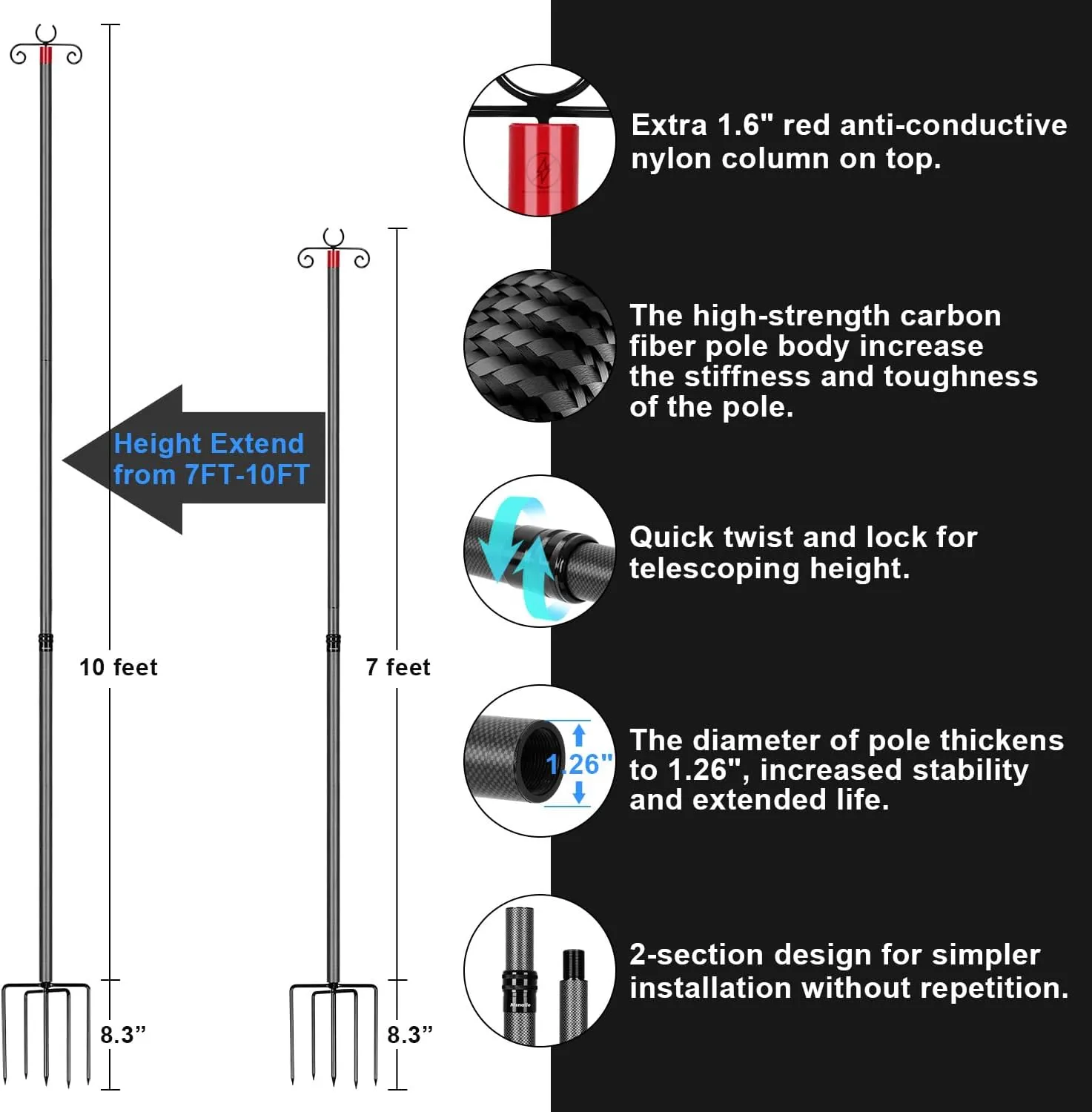 Carbon Fiber String Light Poles for Outside, Extends from 7 to 10FT Telescopic Outdoor Light Poles for String Lights, 2-Section Easily Setup Hanging Light Stand with Fork for Garden, 2 Pack