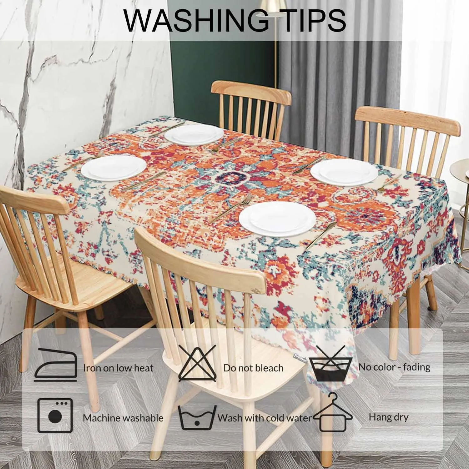Carpet Boho Table Cloth Rectangle Table 52"X70", Ethnic Southwest Persian Style Rug Orange Wipeable Table Cover for Dinner Kitchen, Outdoor Tablecloth for Party Banquets Weddings