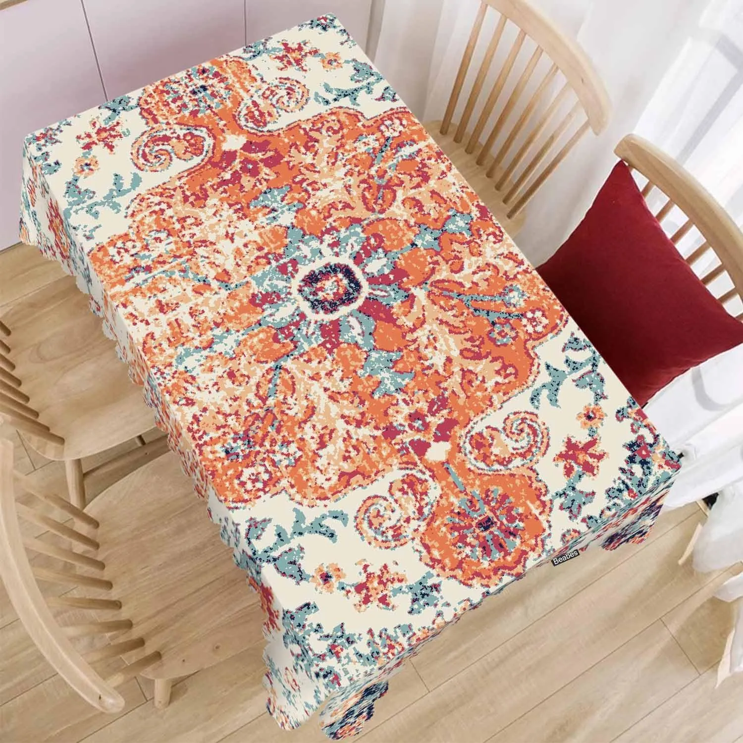 Carpet Boho Table Cloth Rectangle Table 52"X70", Ethnic Southwest Persian Style Rug Orange Wipeable Table Cover for Dinner Kitchen, Outdoor Tablecloth for Party Banquets Weddings