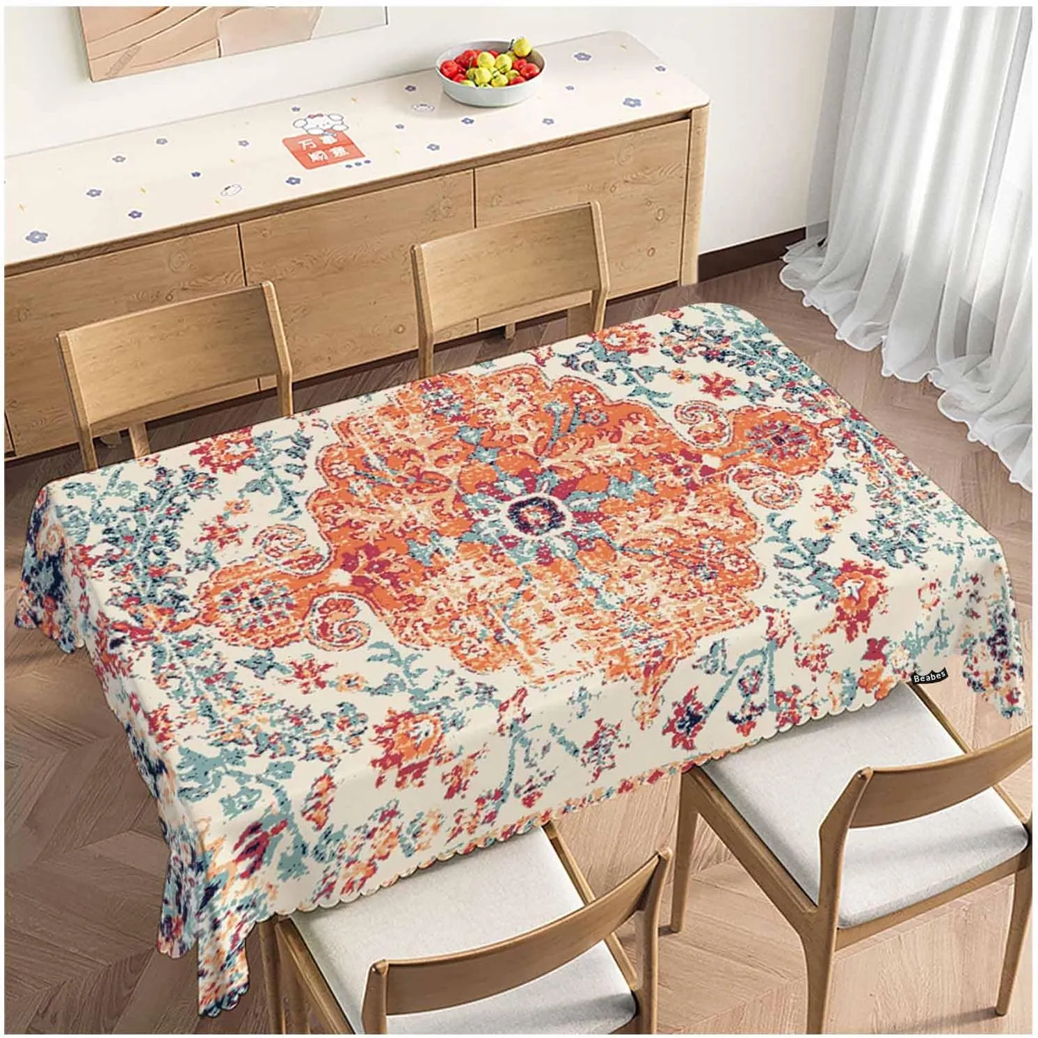 Carpet Boho Table Cloth Rectangle Table 52"X70", Ethnic Southwest Persian Style Rug Orange Wipeable Table Cover for Dinner Kitchen, Outdoor Tablecloth for Party Banquets Weddings