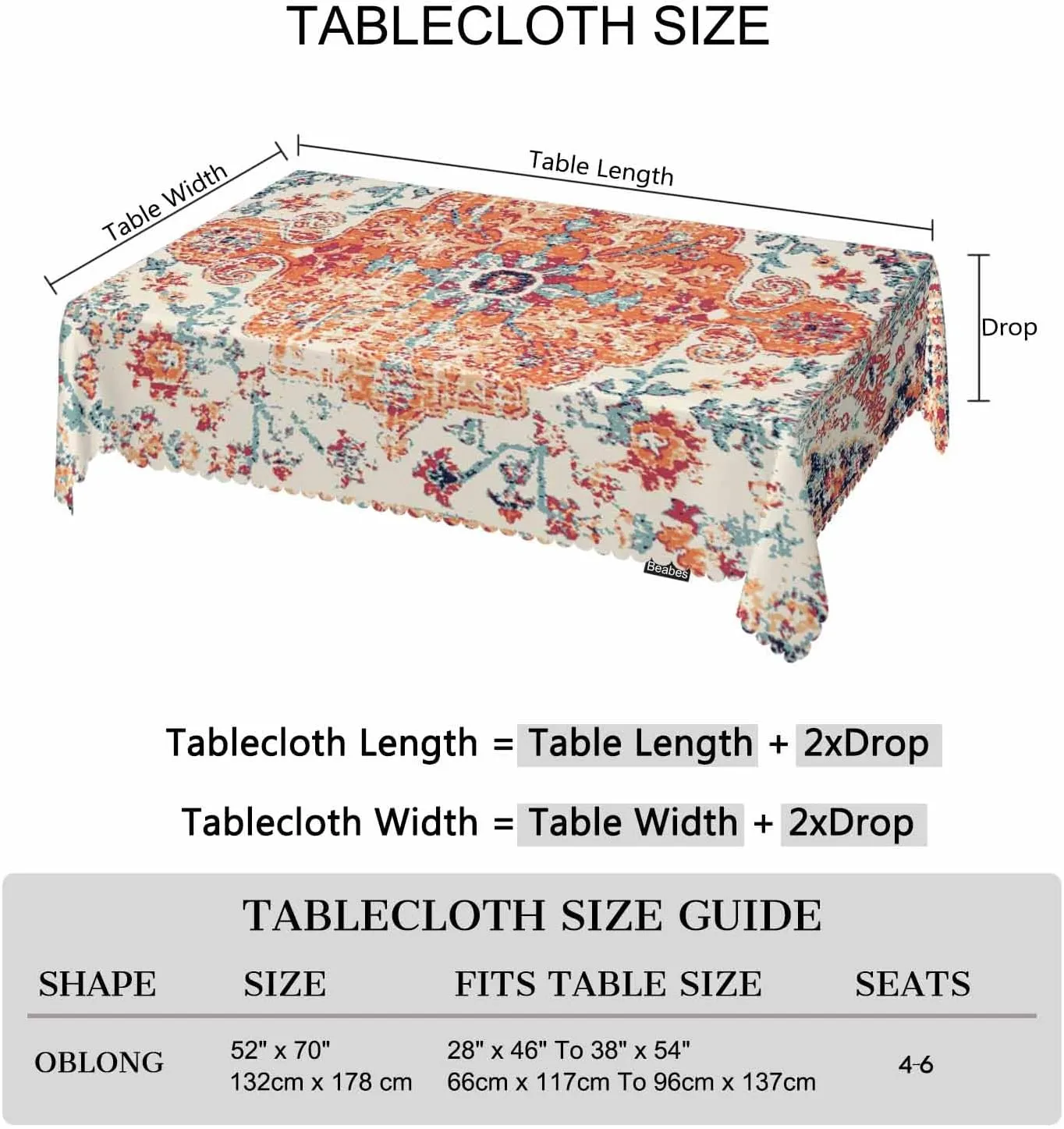 Carpet Boho Table Cloth Rectangle Table 52"X70", Ethnic Southwest Persian Style Rug Orange Wipeable Table Cover for Dinner Kitchen, Outdoor Tablecloth for Party Banquets Weddings
