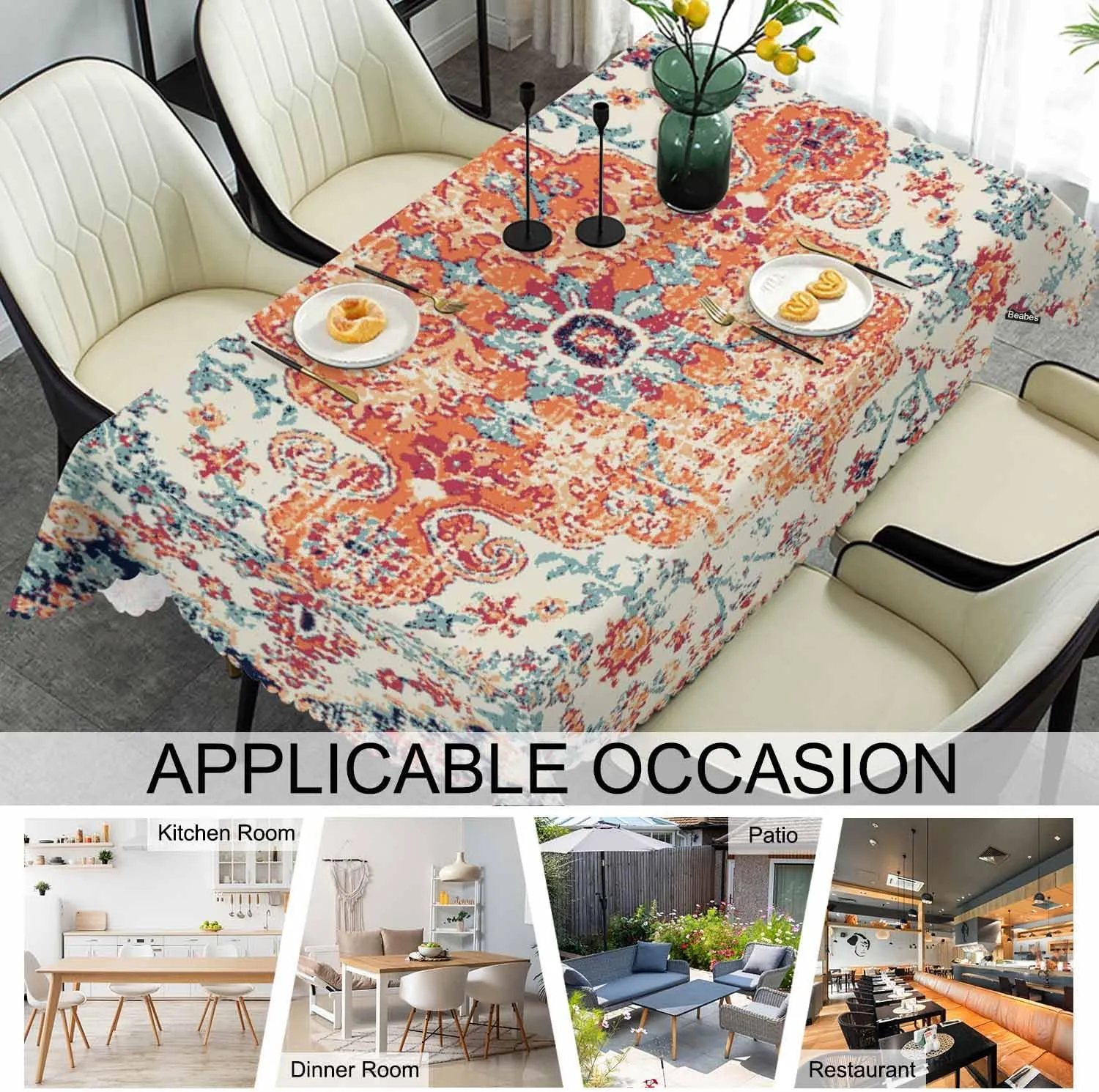Carpet Boho Table Cloth Rectangle Table 52"X70", Ethnic Southwest Persian Style Rug Orange Wipeable Table Cover for Dinner Kitchen, Outdoor Tablecloth for Party Banquets Weddings