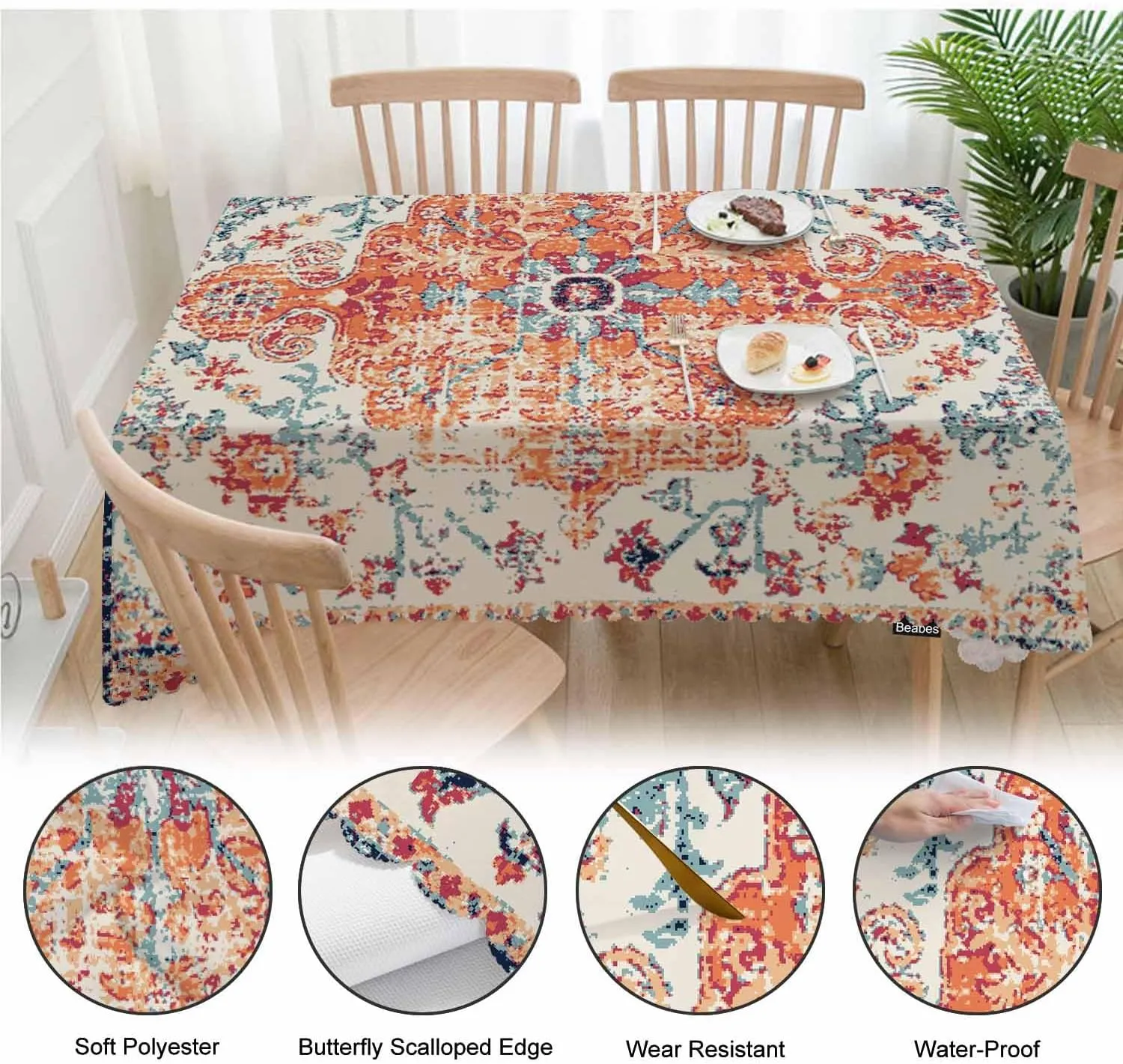 Carpet Boho Table Cloth Rectangle Table 52"X70", Ethnic Southwest Persian Style Rug Orange Wipeable Table Cover for Dinner Kitchen, Outdoor Tablecloth for Party Banquets Weddings