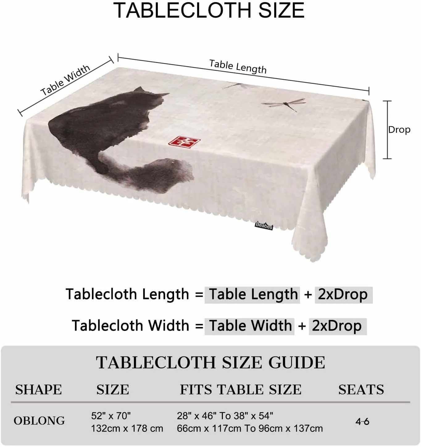 Cat Rectangle Tablecloth 52x70 Inch Vintage Cat Dragonfly Dining Table Cloth Table Cover Tablecloths for Home Kitchen Restaurant Party Buffet Picnic, 4-6 Seats