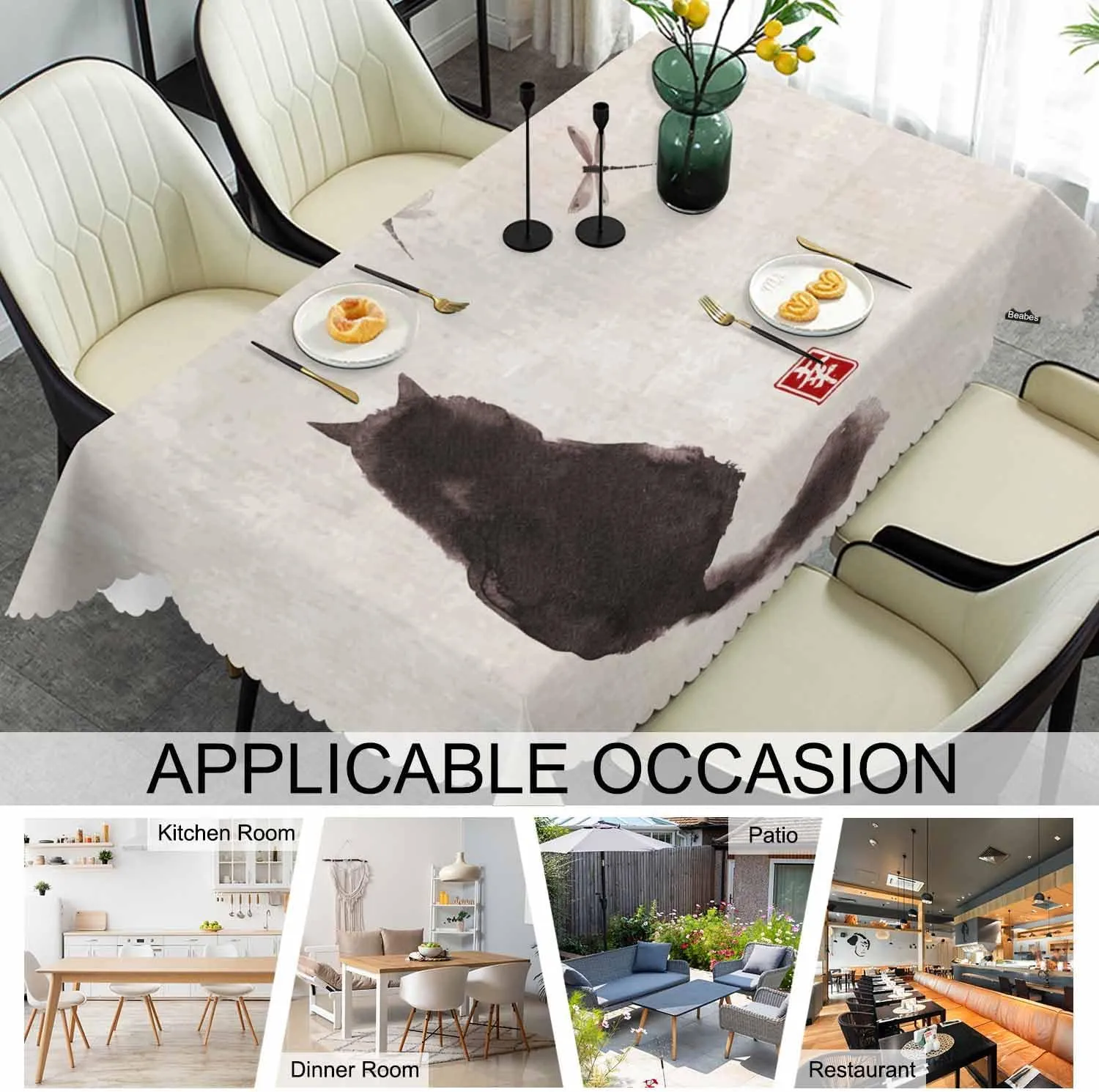 Cat Rectangle Tablecloth 52x70 Inch Vintage Cat Dragonfly Dining Table Cloth Table Cover Tablecloths for Home Kitchen Restaurant Party Buffet Picnic, 4-6 Seats