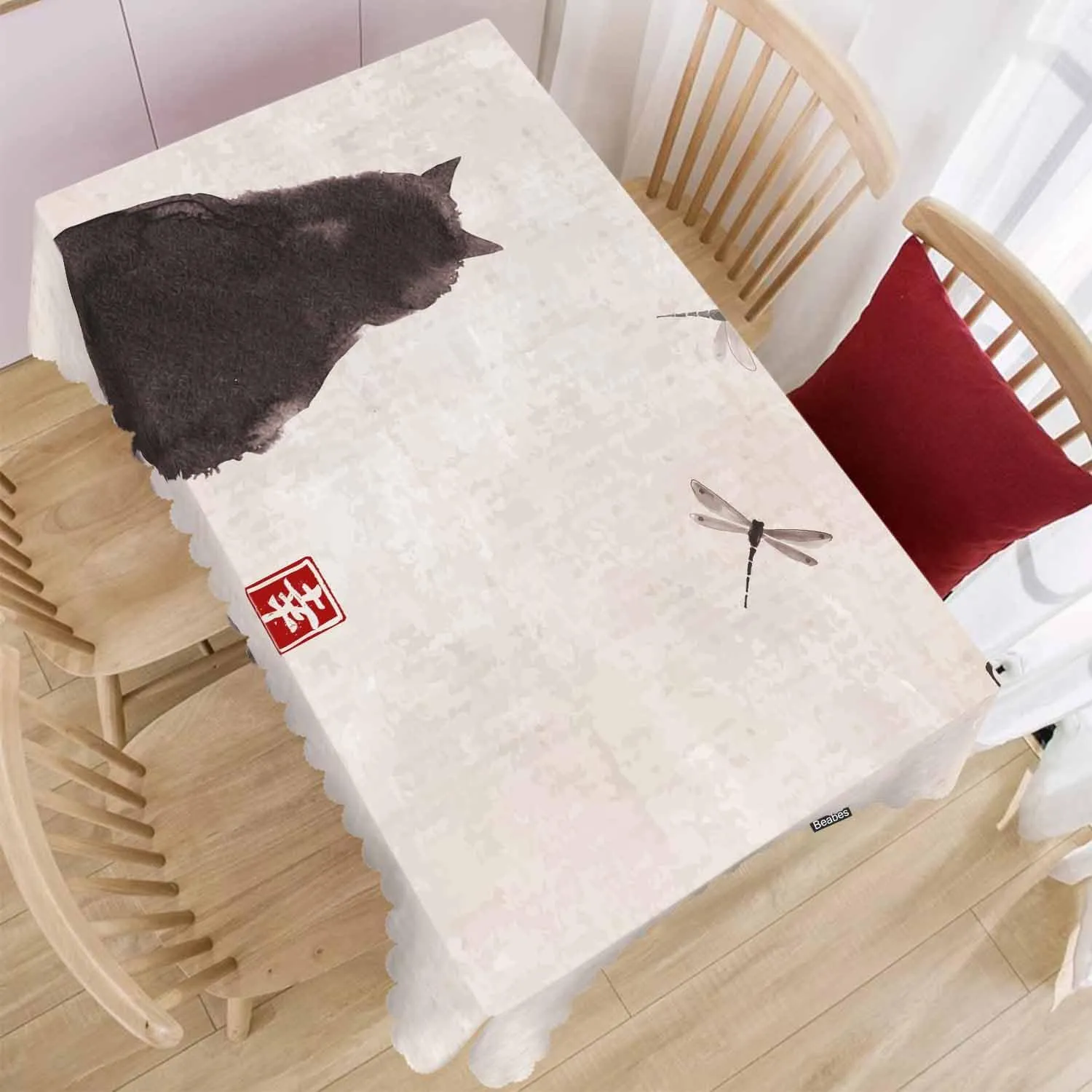 Cat Rectangle Tablecloth 52x70 Inch Vintage Cat Dragonfly Dining Table Cloth Table Cover Tablecloths for Home Kitchen Restaurant Party Buffet Picnic, 4-6 Seats