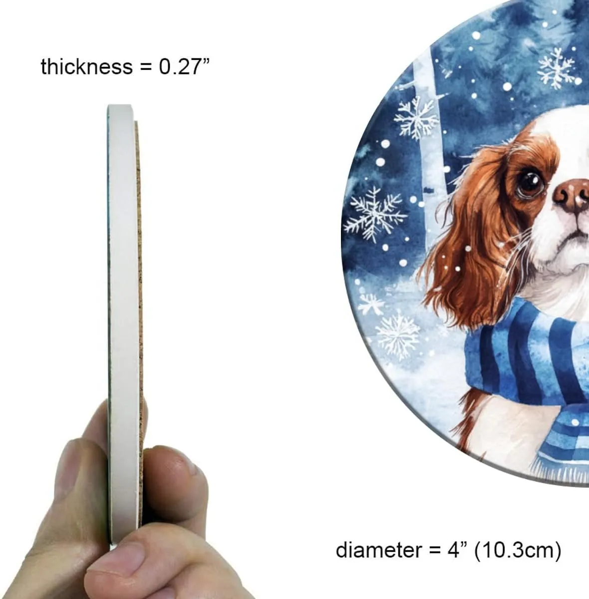 Cavalier King Charles Spaniel Coaster Set of 6, Colorful Coaster with Scarf Snowflake Coaster Drink Coasters 4x4 Inch,6 Pack Cup/Bar/Drink Coasters for Table/Drinks