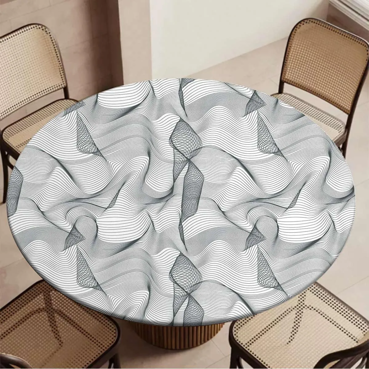 Charcoal Grey White Round Tables Tablecloth Table Cloth Abstract Geometric Waves Ocean Round Fitted Table Cover The Ultimate Protection for Your Table Dark Grey Fit for 40"-43" Table