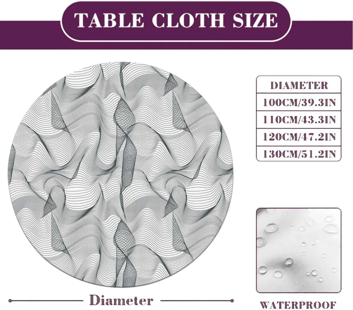 Charcoal Grey White Round Tables Tablecloth Table Cloth Abstract Geometric Waves Ocean Round Fitted Table Cover The Ultimate Protection for Your Table Dark Grey Fit for 40"-43" Table