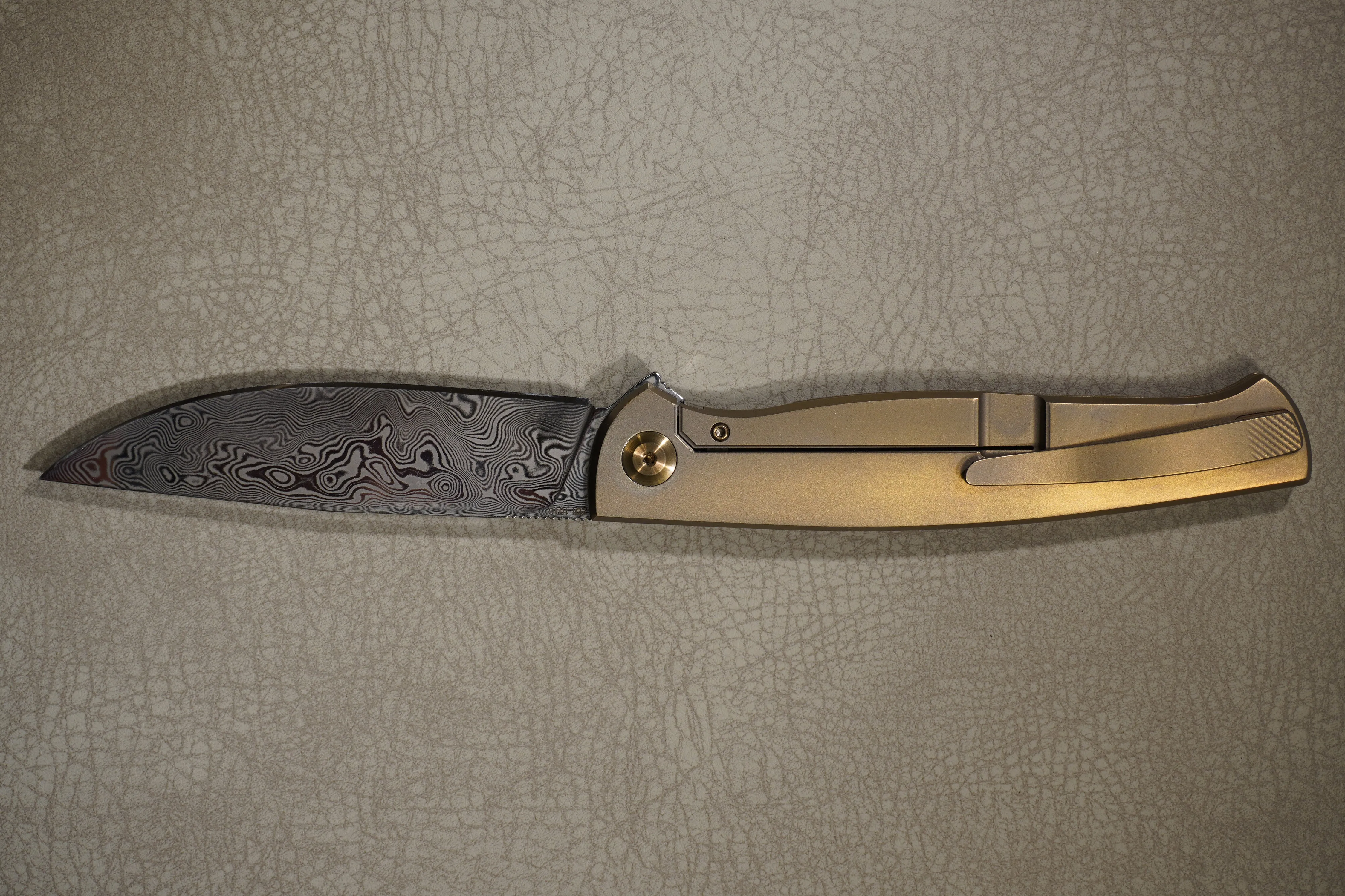 Cheburkov Knife Leader New, Steel Damascus, Handle Bronze Titanium