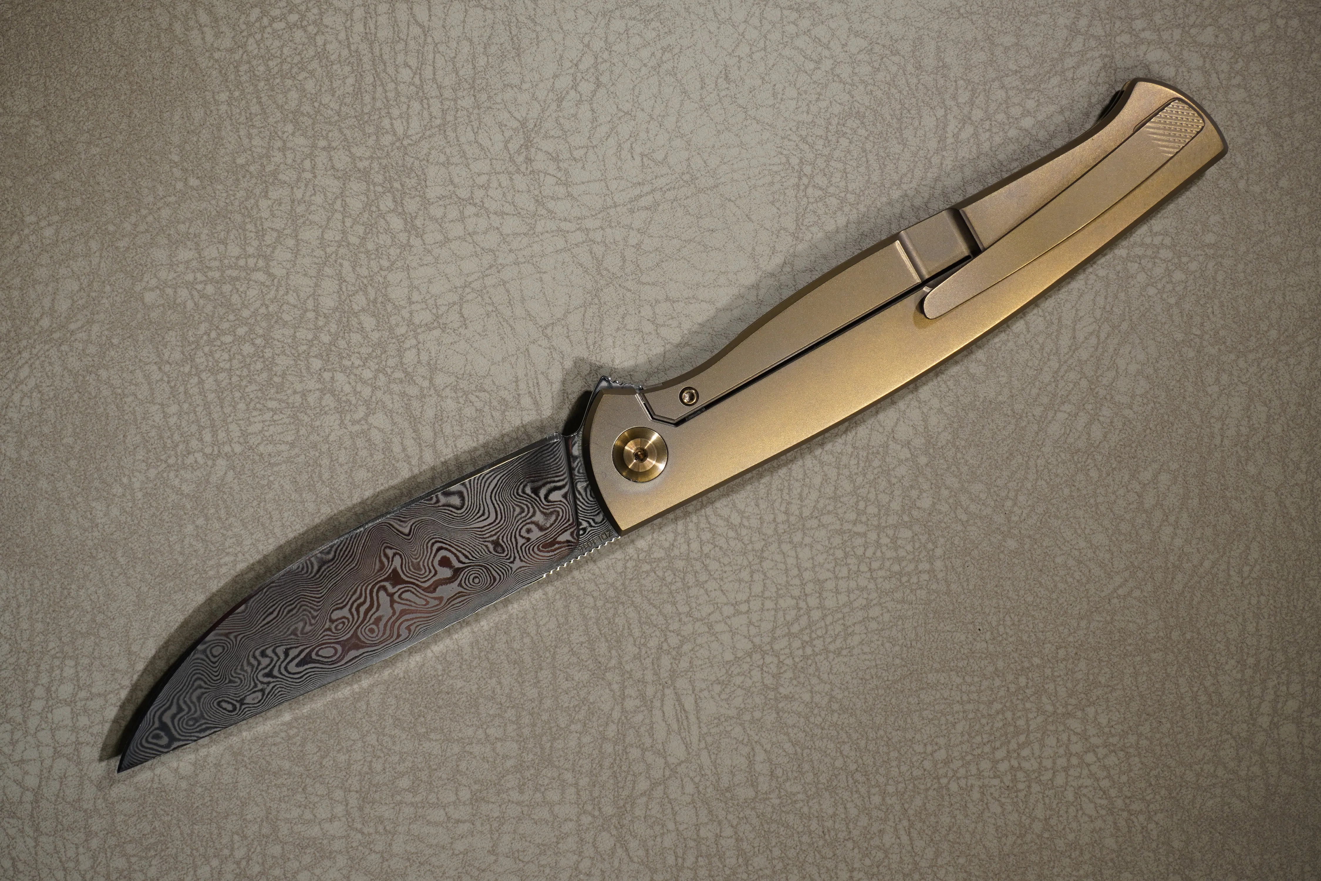 Cheburkov Knife Leader New, Steel Damascus, Handle Bronze Titanium
