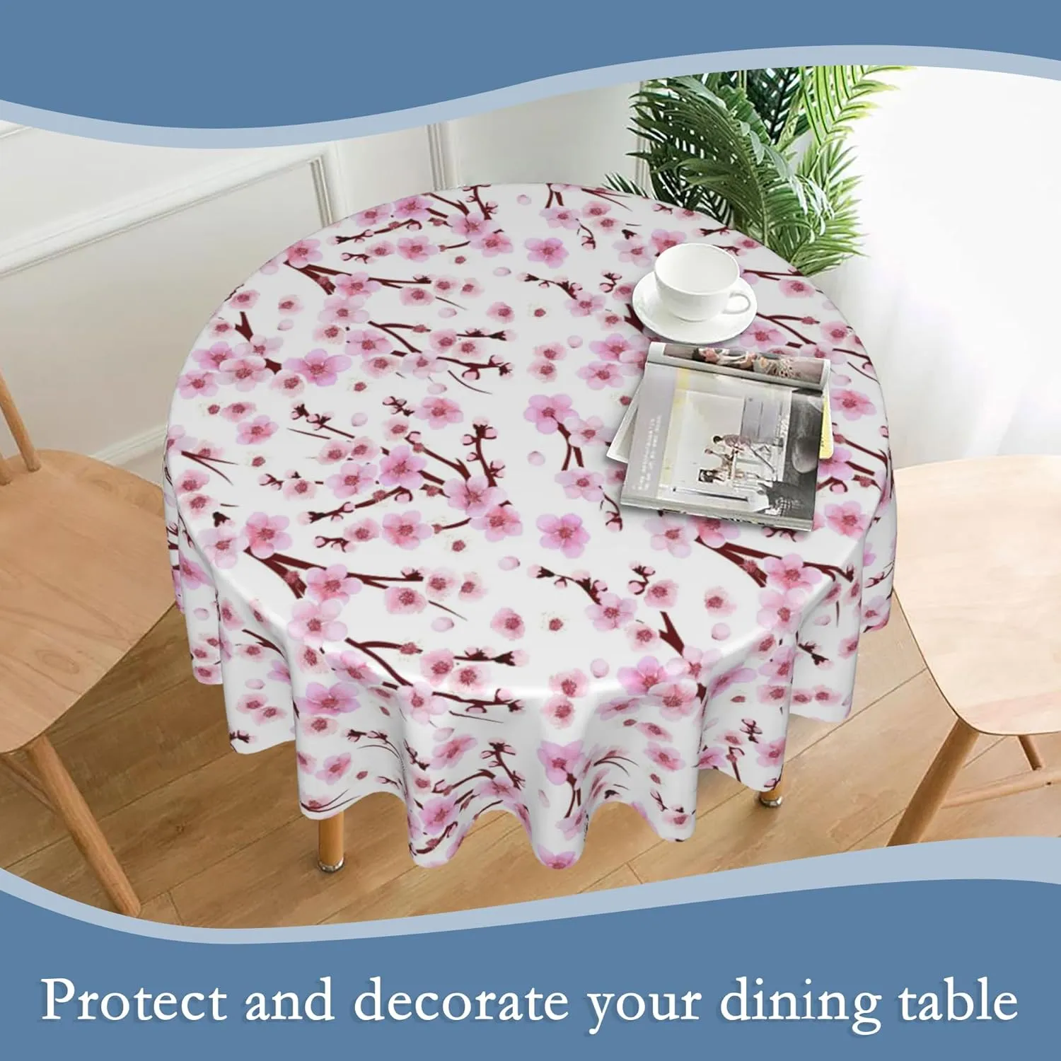 Cherry Blossoms Round Tablecloth 60 Inch,Waterproof Table Cloth Cover Cover Heat Resistant for Kitchen Dining Indoor Outdoor Farmhouse Decor