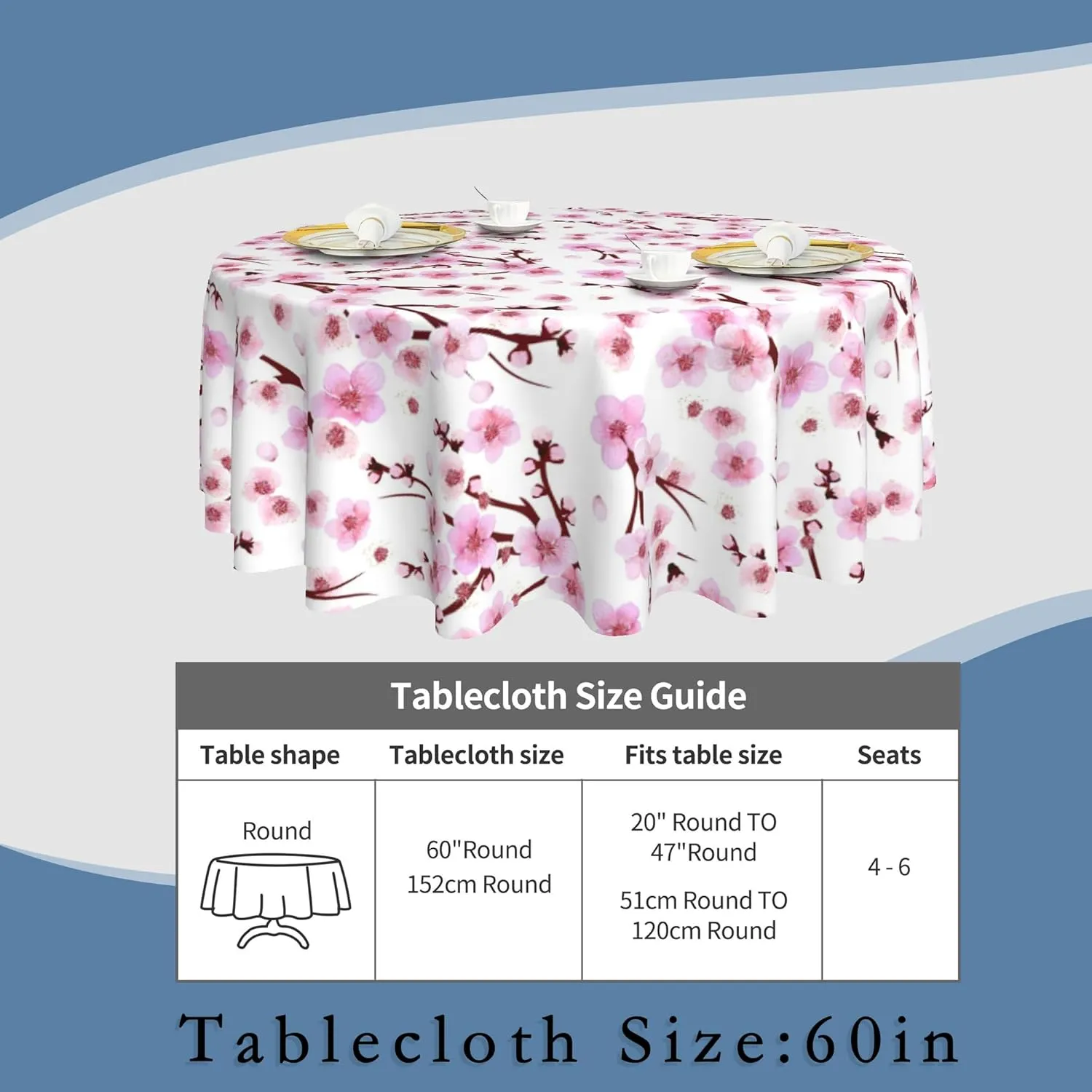 Cherry Blossoms Round Tablecloth 60 Inch,Waterproof Table Cloth Cover Cover Heat Resistant for Kitchen Dining Indoor Outdoor Farmhouse Decor