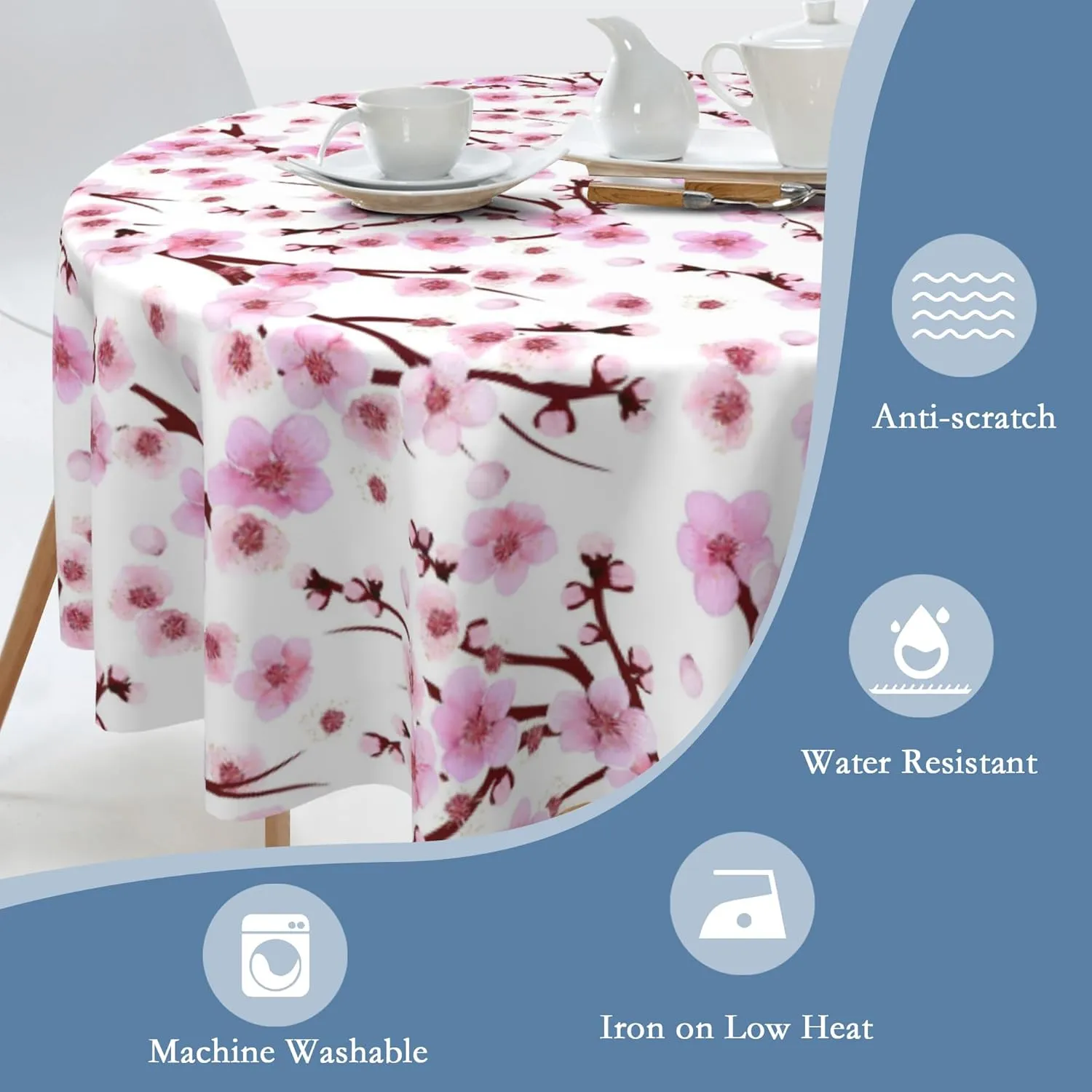 Cherry Blossoms Round Tablecloth 60 Inch,Waterproof Table Cloth Cover Cover Heat Resistant for Kitchen Dining Indoor Outdoor Farmhouse Decor