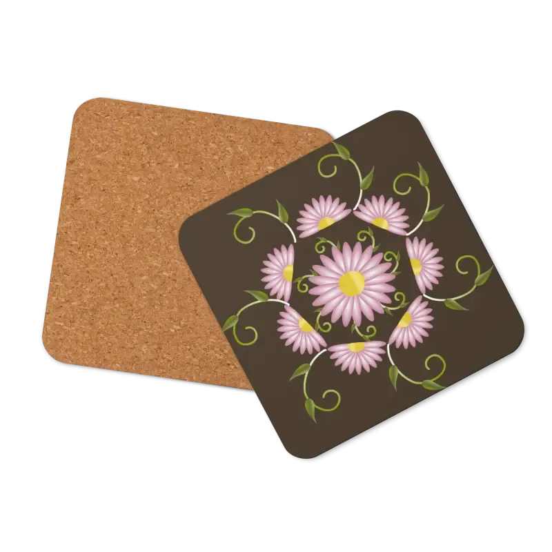 Chic Pink Flowers Brown Cork Coaster Heat Resistant