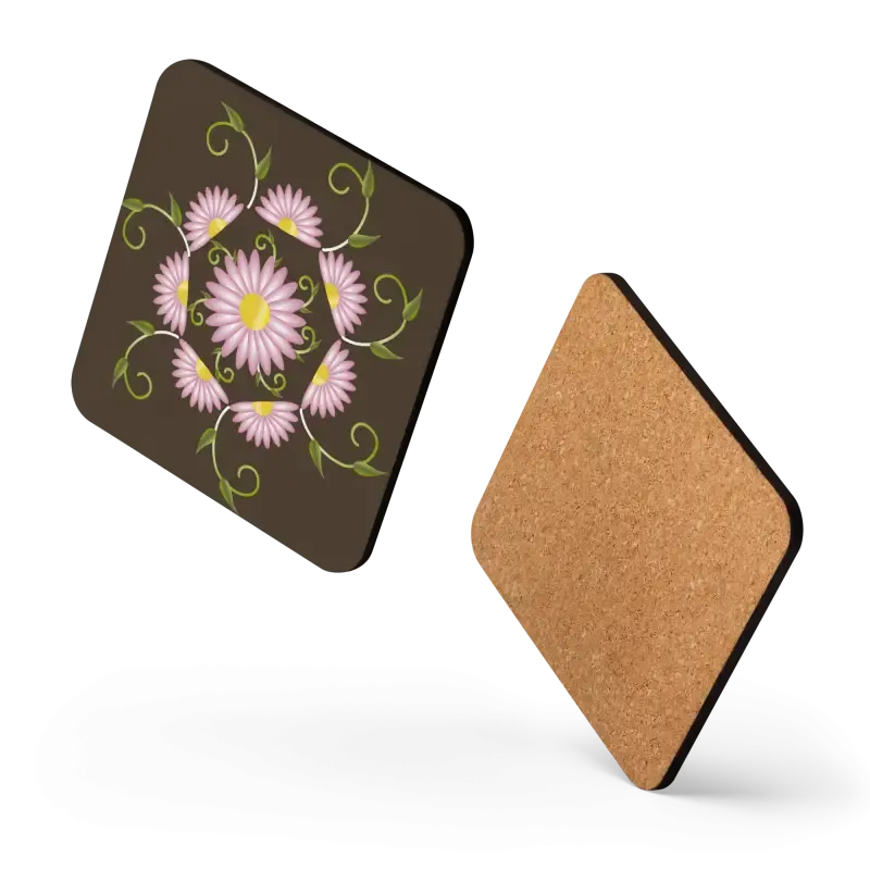 Chic Pink Flowers Brown Cork Coaster Heat Resistant