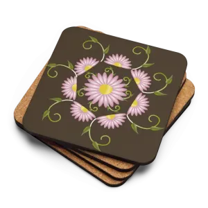 Chic Pink Flowers Brown Cork Coaster Heat Resistant