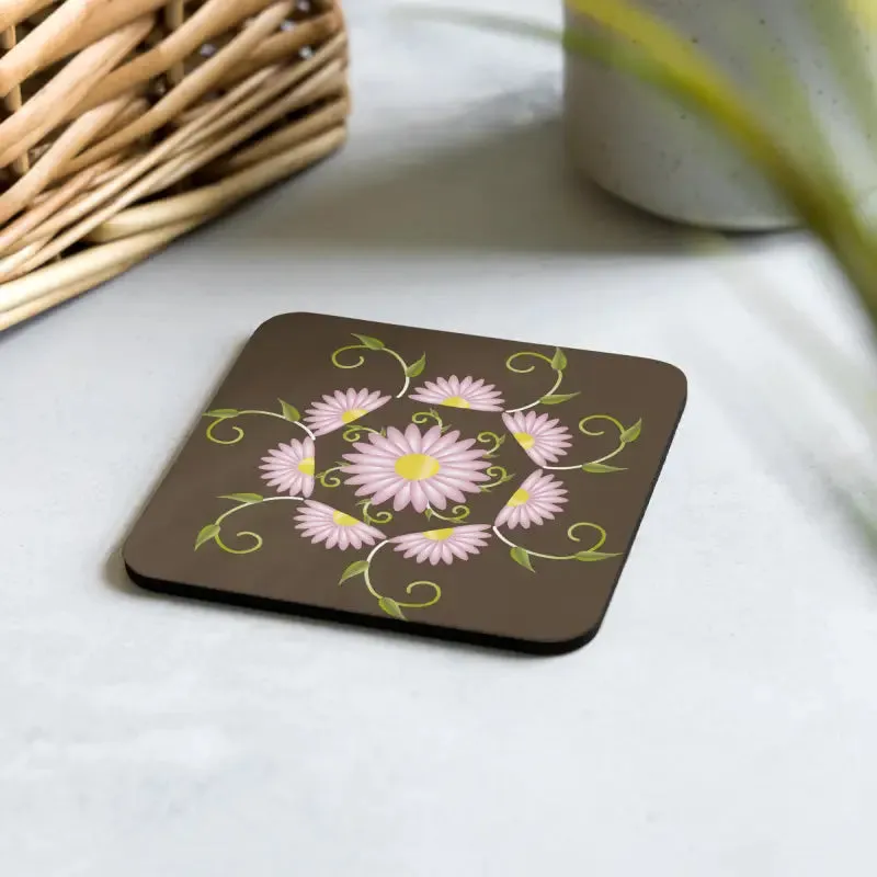 Chic Pink Flowers Brown Cork Coaster Heat Resistant